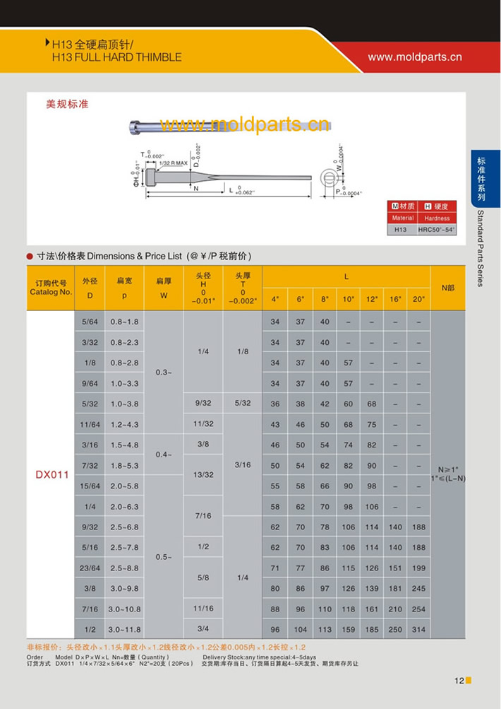 東莞大翔模具配件有限公司專業生產H13扁頂針，H13扁頂針的材質、熱處理、硬度、標準、型號等詳情說明和介紹，您可以通過本頁面下單留言或者發送詢/報價