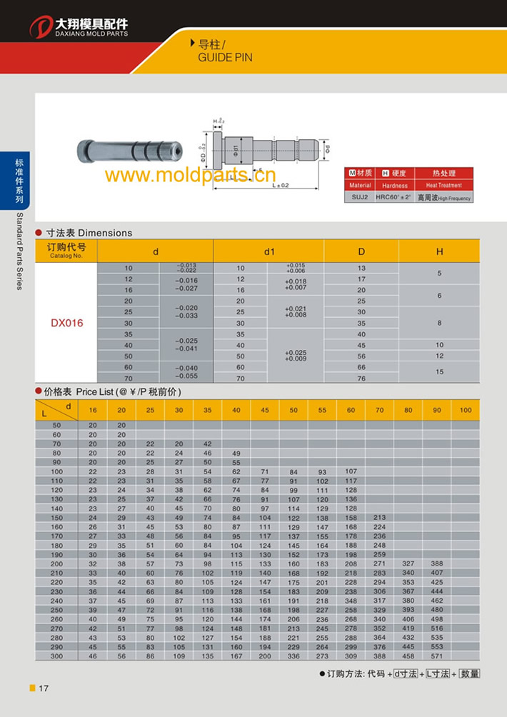 東莞大翔模具配件有限公司專業生產導柱，導柱的材質、熱處理、硬度、標準、型號等詳情說明和介紹，您可以通過本頁面下單留言或者發送詢/報價