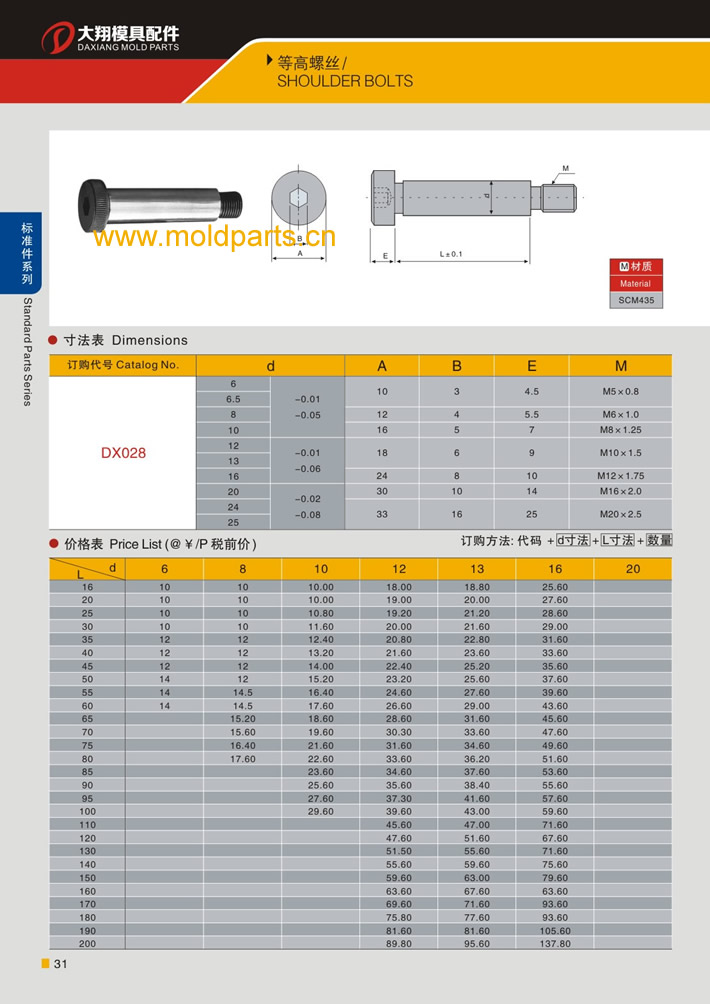 東莞大翔模具配件有限公司專業生產等高螺絲，等高螺絲的材質、熱處理、硬度、標準、型號等詳情說明和介紹，您可以通過本頁面下單留言或者發送詢/報價