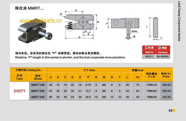 東莞大翔模具配件有限公司專業生產DME標準MMRT限位夾，DME標準MMRT限位夾的材質、熱處理、硬度、標準、型號等詳情說明和介紹，您可以通過本頁面下單留言或者發送詢/報價