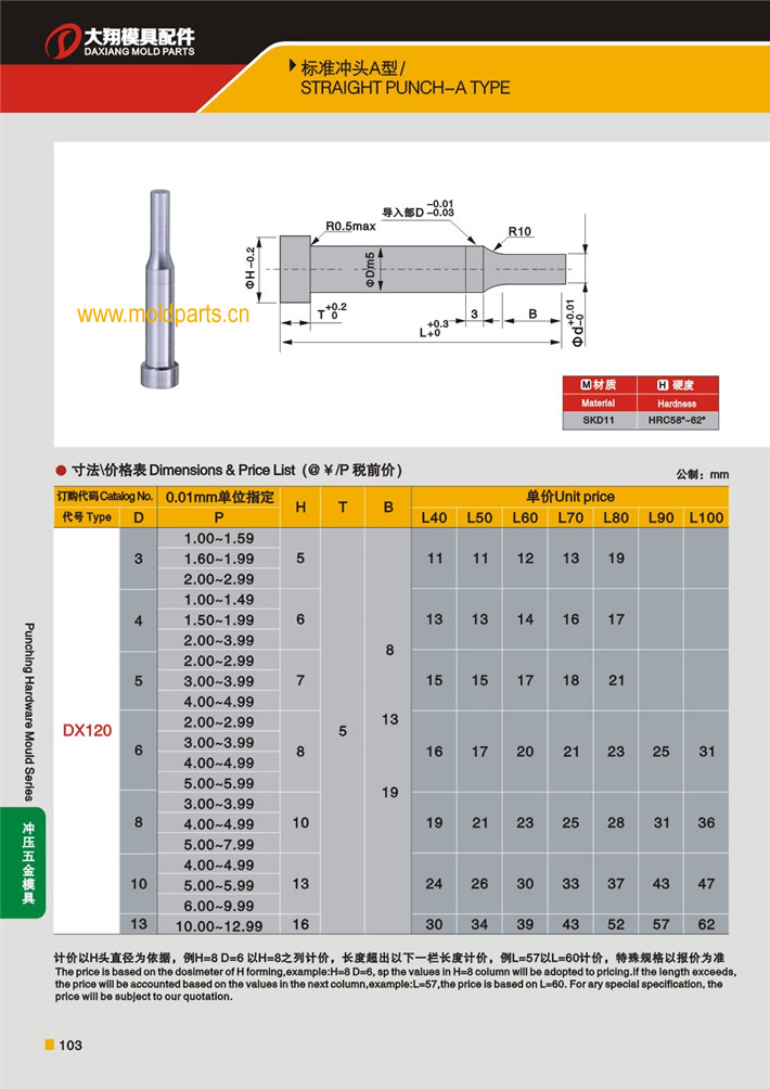 東莞大翔模具配件有限公司專業生產A型沖頭，A型沖頭的材質、熱處理、硬度、標準、型號等詳情說明和介紹，您可以通過本頁面下單留言或者發送詢/報價